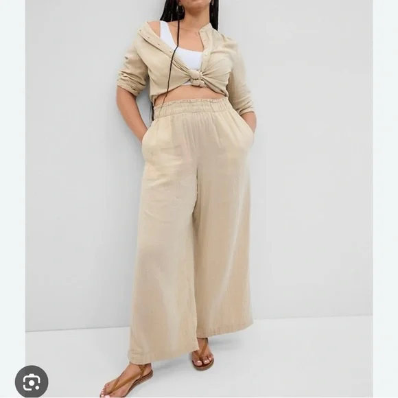 Gap Crinkle Gauze Wide Leg Pants 100% Cotton Small Tan Lightweight Lagenlook - Picture 3 of 11
